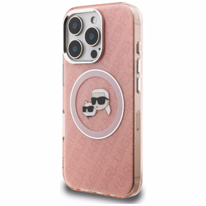 Karl Lagerfeld IML Glitter Karl & Choupette Heads Logo MagSafe ümbris iPhone 16 Pro Max - roosa