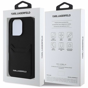 Karl Lagerfeld HC Grained PU Cardslot Metal Elong iPhone 16 Pro Ümbris - Must