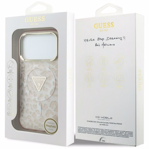 Guess IML Leopard Glitter Triangle Logo MagSafe ümbris mudelile iPhone 17 Pro Max / 18 Pro Max – värv: roosa