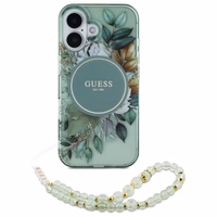 Guess IML Flowers With Pearl Strap MagSafe ümbris jaoks iPhone 16 Plus - roheline