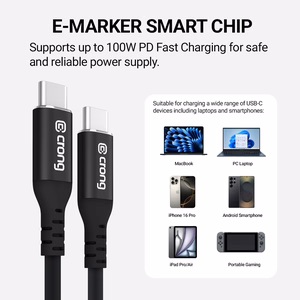 Crong Soft Link USB-C–USB-C kaabel, 1,2 m, 100 W PD, 5 A, must