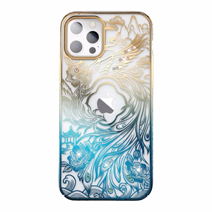 Luxury iPhone 14 Pro Ümbris with Kingxbar Phoenix Crystals - kuldne and sinine