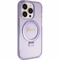 Original faceplate ümbris GUESS GUHMP15XHRSGSU jaoks iPhone 15 Pro Max (Compatible with Magsafe / Glitter Script Logo / Ring stand / lilla)