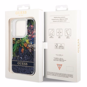 Guess Flower Liquid Glitter ümbris jaoks iPhone 14 Pro Max - sinine
