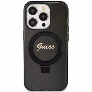 Guess Ring Stand Script Glitter MagSafe ümbris jaoks iPhone 15 Pro - must