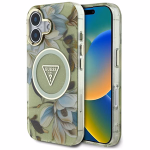 GUESS ümbris jaoks IPHONE 16 compatible with MagSafe GUHMP16SHFLPEDN (IML Metal Glitter Flowers Triangle) roheline