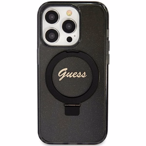 Оригинальный чехол-накладка Guess GUHMP15XHRSGSK для iPhone 15 Pro Max (совместимый с MagSafe / Glitter Script Logo / Ring stand / чёрный)