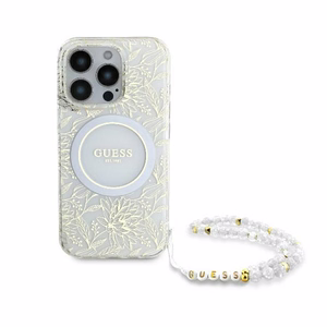 Guess IML Flowers Allover Electro With Pearl Strap MagSafe ümbris jaoks iPhone 16 Pro - valge