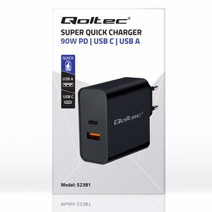 Qoltec 52381 Super Quick PD laadija | 1xUSB-C | 1xUSB | 90W | 5-20V | 2.4-4.35A | must