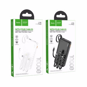 Akupank Hoco 10000 mAh 2A nelja sisseehitatud kaabliga USB A + USB C + Lightning + Micro USB J146 must