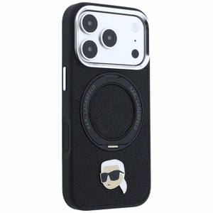 Must Karl Lagerfeldi MagSafe-ümbris 360° rõngasaluse ja Karli pea embleemiga iPhone 18 Pro Max / 17 Pro Max telefonile