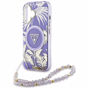 GUESS ümbris jaoks IPHONE 16 compatible with MagSafe GUHMP16SHPCTPLSU (IML Palm Trees Triangle W/ Pearl Strap) lilla