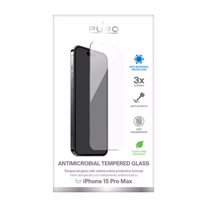 Puro Anti-Bacterial karastatud ekraanikaitseklaas seadmele iPhone 15 Pro Max, mikroobivastase kaitsega