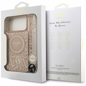 Guess IML Flowers Electro Pearl Strap MagSafe Ümbris jaoks iPhone 17 Pro Max - Roosa