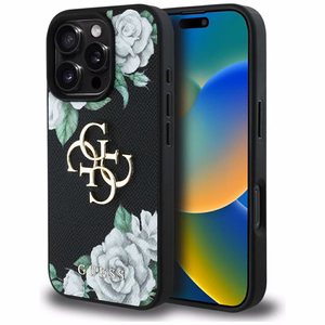 Guess Grained Roses Big 4G logo ümbris jaoks iPhone 16 Pro Max - must