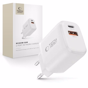 Tech-Protect NCA65W-GaN 2 pesaga 65 W PD/QC 3.0 seinatoiteadapter – valge
