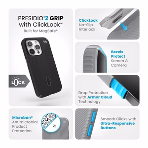 Speck Presidio2 Grip ClickLock MagSafe ümbris seadmele iPhone 15 Pro, mustas ja kiltkivihallis värvitoonis