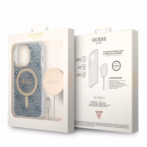 GUESS set jaoks IPHONE 14 Pro compatible with MagSafe GUBPP14LH4EACSB (Bundle Pack / Ümbris + Charger / 4G) kuldne sinine