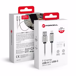 Kaabel USB A to USB C Forcell F-Energy QC4.0 3A 66W Metal 2 m C234 hõbedane