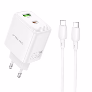 Borofone Wall Laadija BN30 Cargador GaN - USB + Type C - QC 3.0 PD 45W with Type C to Type C kaabel valge