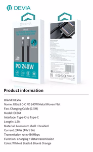 Devia Ultra3 USB-C PD 240W metallist punutud lame kiirlaadimise kaabel 1,5 m valge