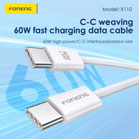Foneng Kaabel X110 - Type C to Type C - PD 60W 3A 1,2 metres valge
