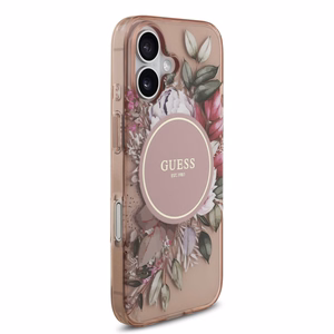 Чехол Guess IML Flowers Strap MagSafe для Apple iPhone 17, розовый