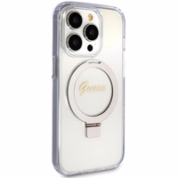 GUESS ümbris jaoks IPHONE 15 Pro compatible with MagSafe GUHMP15LHRSGSD (Glitter Script Logo Ring stand) läbipaistev