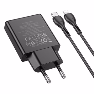 Зарядное устройство для телефона Hoco Slim USB A + USB C QC3.0 PD 3A 20W + кабель USB C to Lightning N38 чёрное