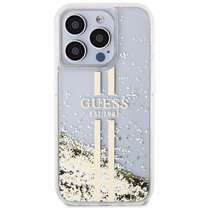 GUESS ümbris jaoks IPHONE 15 Pro GUHCP15LLFCSEGT (Liquid Glitter kuldne Stripes) läbipaistev