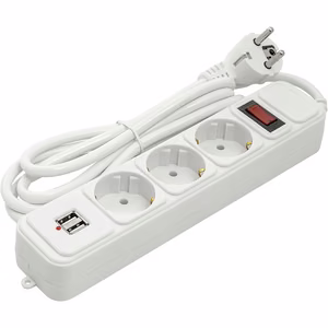 Extension cord 1.8m, 3 sockets + 2 USB, koos switch