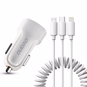 Dudao car kit charger 2x USB 2.4A + cable USB 3in1 Lightning / Type C / micro USB cable valge (R7 valge)