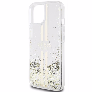 Guess Liquid Glitter kuldne Stripes ümbris jaoks iPhone 15 Plus / 14 Plus - läbipaistev