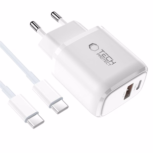 Tech-Protect NCA20 PD 20W QC3.0 USB-A / USB-C Wall Laadija + USB-C / USB-C Kaabel 100cm - valge