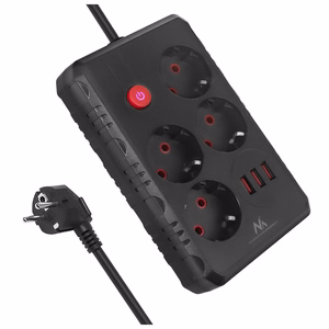 Maclean MCE393 B pikendusjuhe 4 pistikupesa ja 3 USB-pordiga, 110–240 V AC, 50/60 Hz, 2,1 A, max 2500 W, 3 m, must