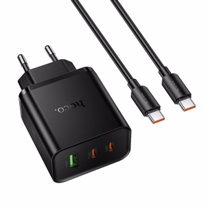 telefoni laadija Hoco 2x USB C + USB A QC3.0 PD 3A 65W + andmekaabel USB C to USB C N75 must
