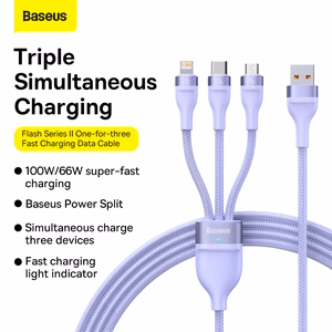 Baseus Kaabel Flash Series II 3 in 1 - USB to Type C, Lightning, Micro USB - 100W 6A 1,2 metres (CASS030005) purple