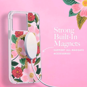 Rifle Paper Clear MagSafe ümbris seadmele iPhone 14 Plus, kuldset tooni kaunistusega, Rose Garden mustriga