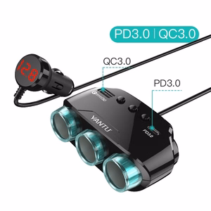 Auto Cigarette Lighter Pesa Splitter LM21 - 3 sockets + USB + tüüp C - QC 3.0 PD 3A 122W koos ekraan and kaabel
