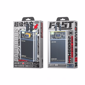 WEKOME WP-325 Vanguard Series akupank, 20000 mAh, PD 20 W + QC 22,5 W, sisseehitatud USB-C- ja Lightning-kaablitega, must ja läbipaistev