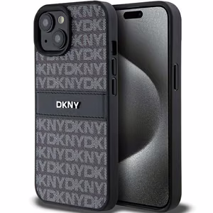 DKNY Leather Mono Stripe & Metal Logo Ümbris jaoks iPhone 15 Plus / 14 Plus - Must