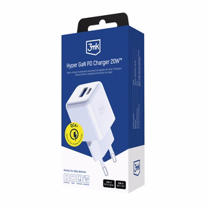 Valge 3mk Hyper GaN võrgulaadija, 20 W, QC4+/PD/PPS, USB 1A1C, EL