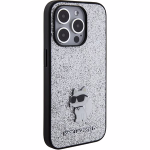 Karl Lagerfeld Fixed Glitter Choupette Logo Metal Pin Ümbris jaoks iPhone 15 Pro - hõbedane