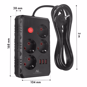 Maclean MCE393 B pikendusjuhe 4 pistikupesa ja 3 USB-pordiga, 110–240 V AC, 50/60 Hz, 2,1 A, max 2500 W, 3 m, must