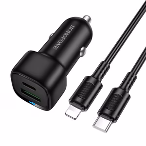 Borofone autolaadija BZ34B Cloud - USB + Type C - QC 3.0 PD 38W koos Type C - Lightning kaabliga musta värvi