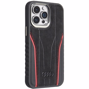 Audi Genuine Leather ümbris with MagSafe jaoks iPhone 15 Pro - must and punane