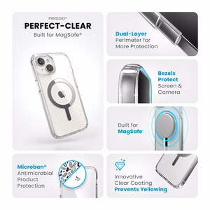 Speck Presidio Perfect-Clear MagSafe ümbris seadmele iPhone 17e / 16e / 15 / 14 / 13, läbipaistev, kroomviimistlusega, Serene Silver värvitoonis