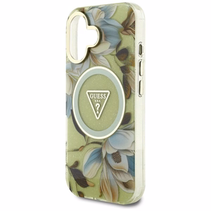 GUESS ümbris jaoks IPHONE 16 compatible with MagSafe GUHMP16SHFLPEDN (IML Metal Glitter Flowers Triangle) roheline