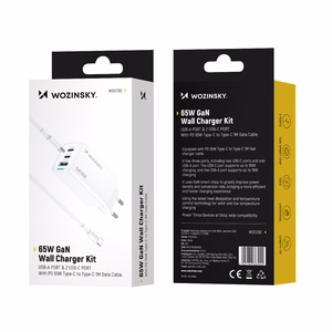 Wozinsky GaN 65W Laadija koos USB-A 2xUSB-C Ports koos 65W USB-C Kaabel - valge