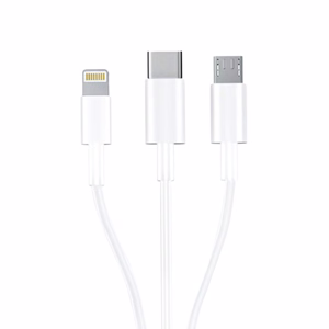 3mk 3-in-1 kaabel USB-A - microUSB / Lightning / USB-C 1.2m 20V/2.4A 15W, valge